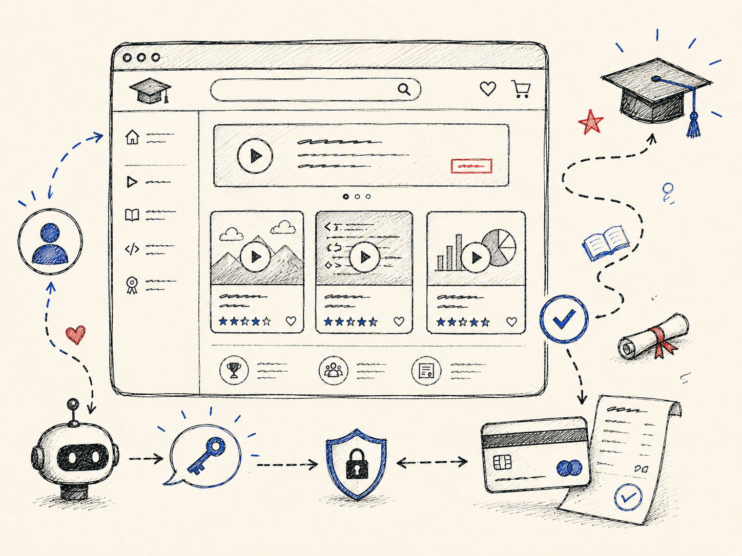 Sketch of the Skill Path course marketplace with checkout and AI key delegation notes